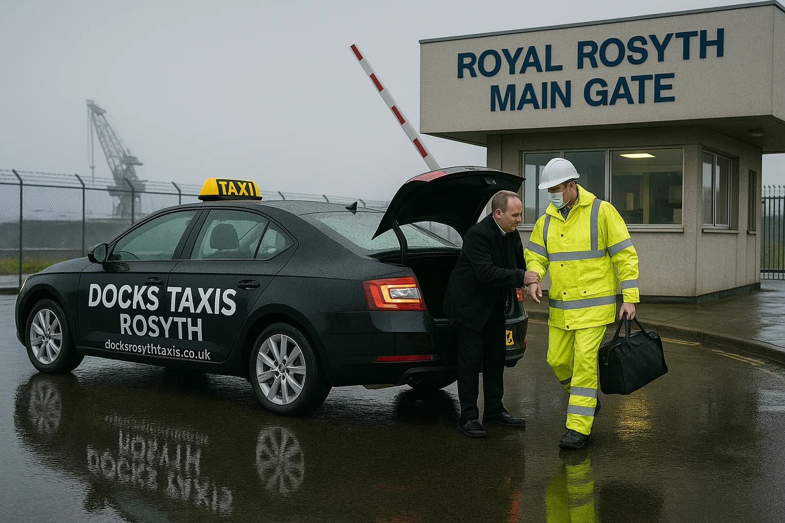 Docks Taxis Rosyth driver helping a dockyard contractor load kit into the boot outside the Royal Rosyth Dockyard main gate