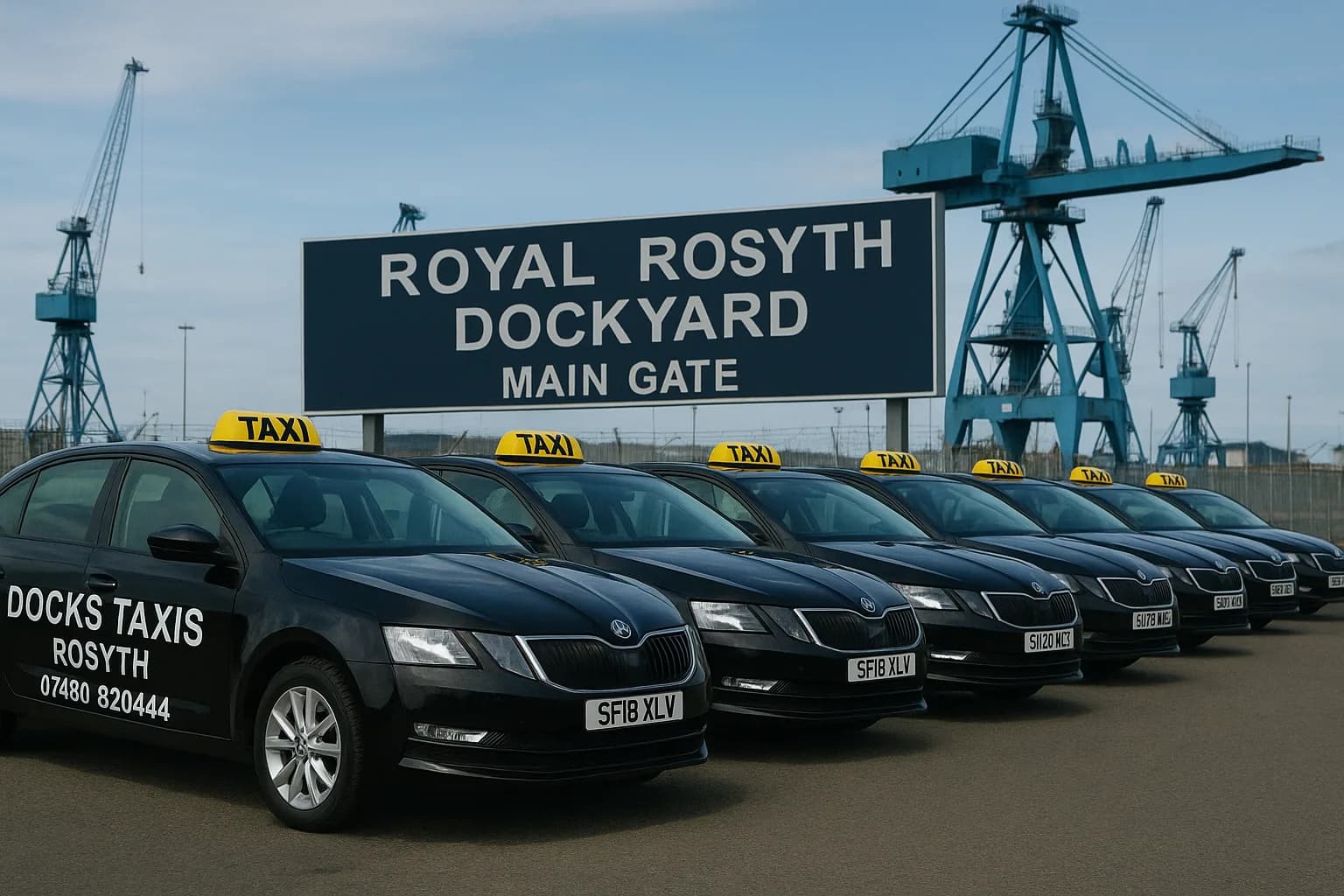The Docks Taxis Rosyth fleet lined up outside the Royal Rosyth Dockyard main gate
