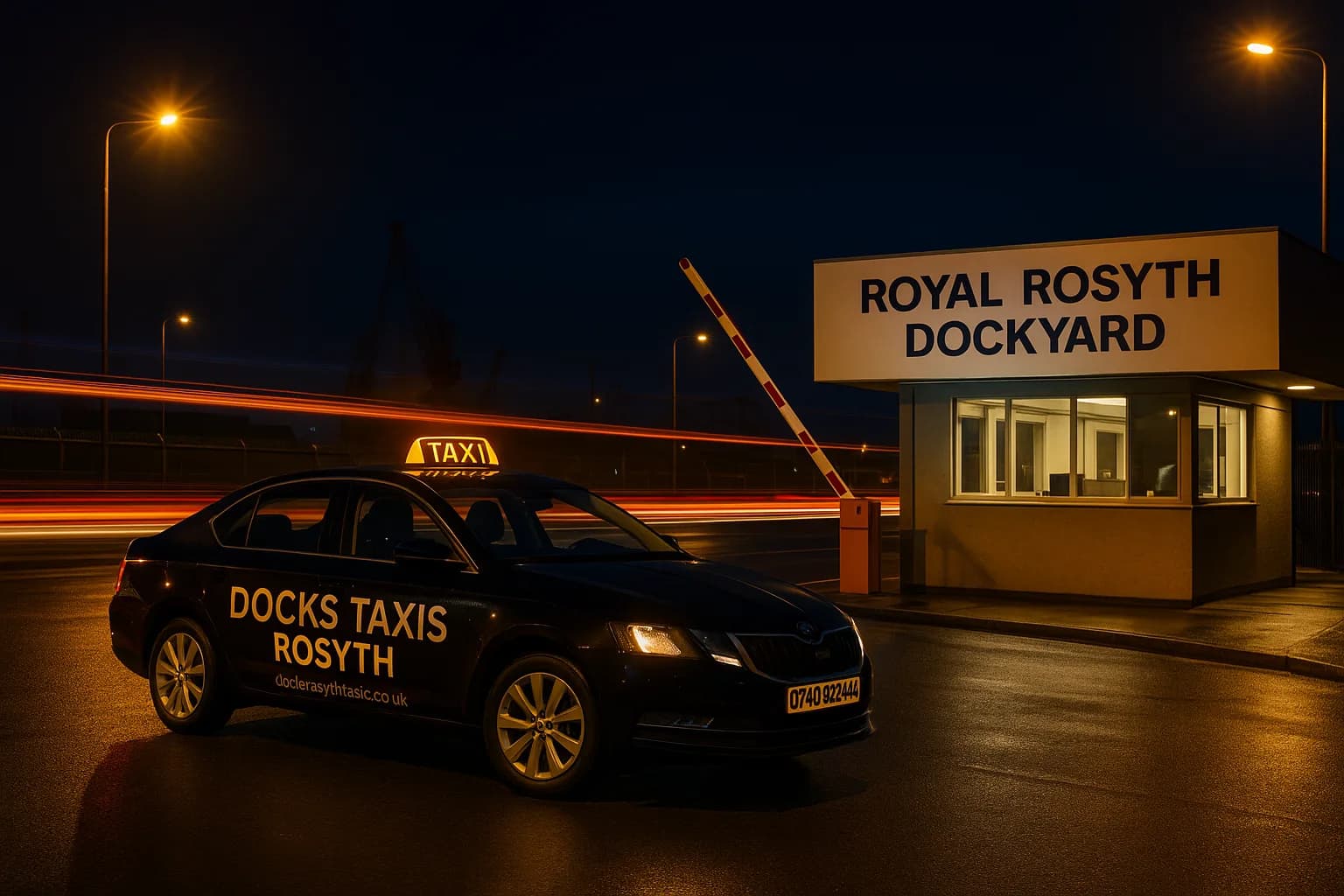 Docks Taxis Rosyth taxi waiting outside the Royal Rosyth Dockyard gatehouse at night