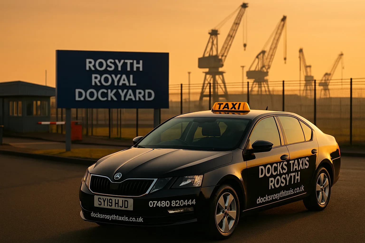 Docks Taxis Rosyth taxi parked outside the Rosyth Royal Dockyard sign at sunset, with dockyard cranes behind